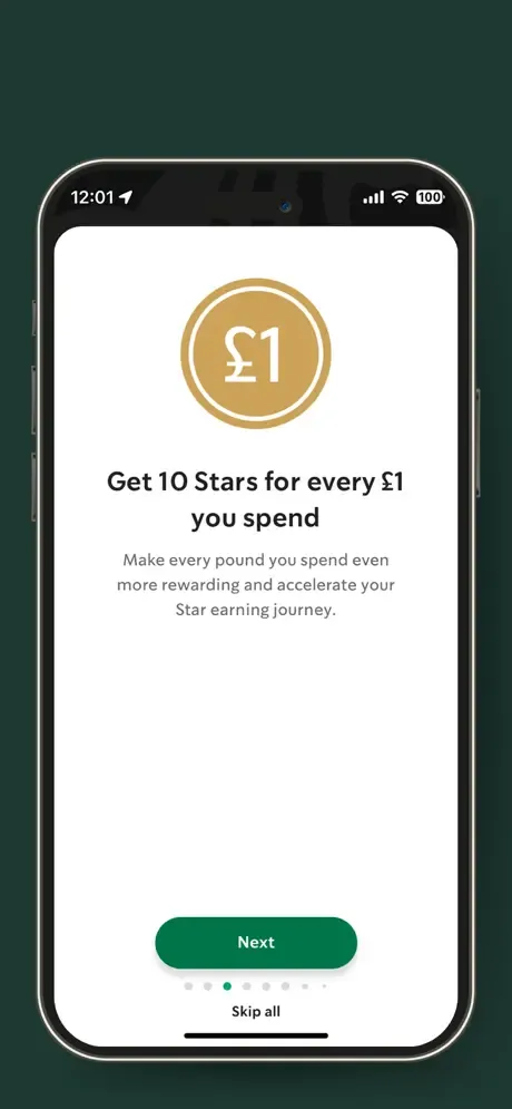 Starbucks app UK earning screen showing 10 Stars for every £1 spent