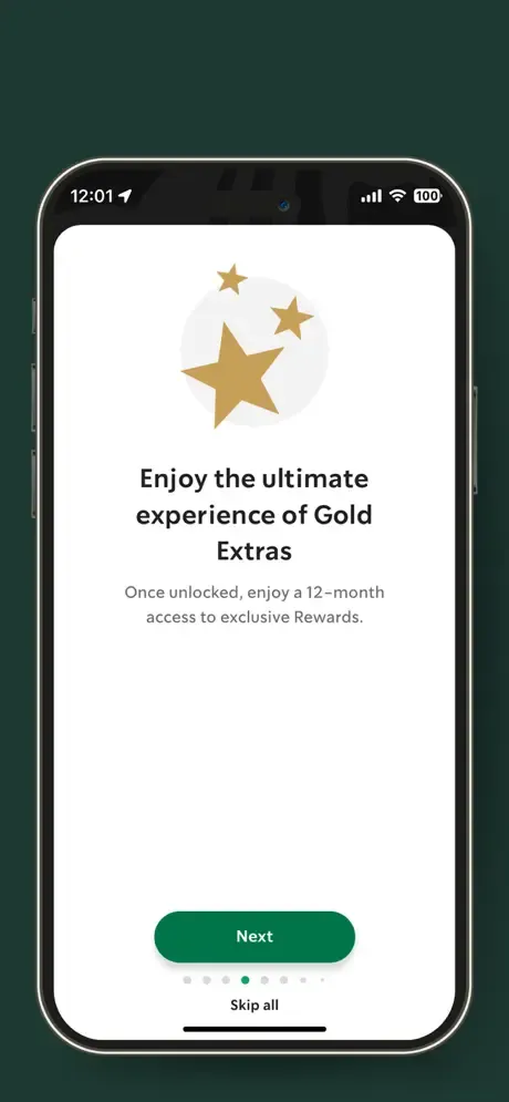 Starbucks app UK Gold Extras introduction screen